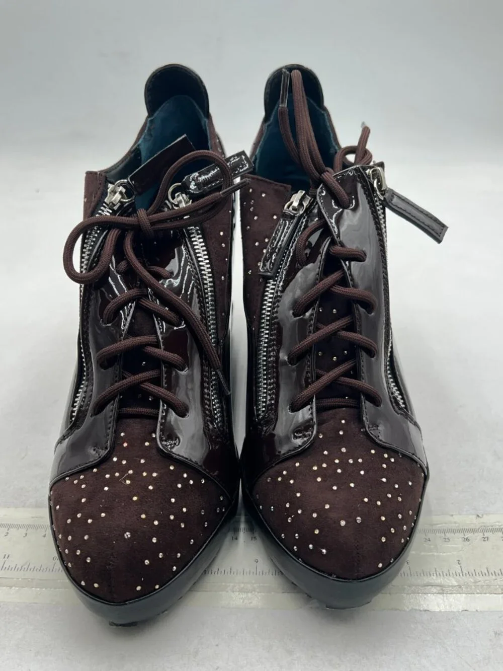 Brown Women Platform Round Toe Strappy Ankle Boots Wedge Heel Lace Up Shoes